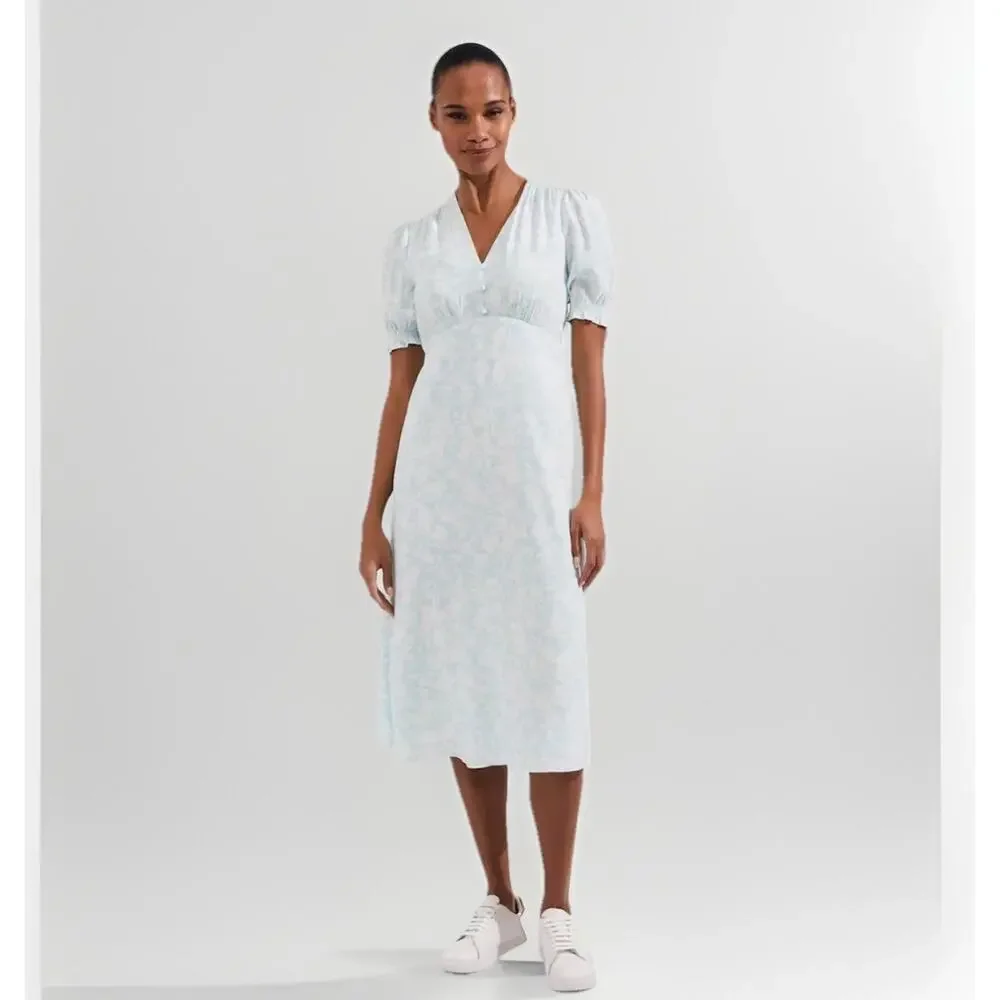 Hobbs London Helen Dress Size 6 (UK 10) Floral Midi Blue Ivory V-Neck Regency - Picture 2 of 12